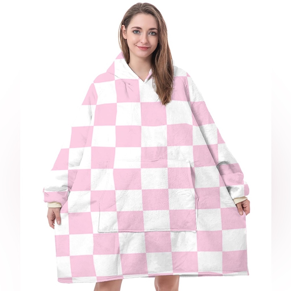 Pink and White Checkered Oversized Hoodie Blanket